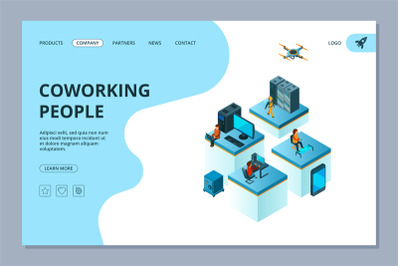 Coworking landing. Web page design template business people team build