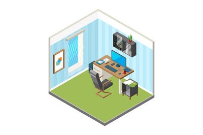 Isometric home workspace. Designer freelancer office workplace art pro