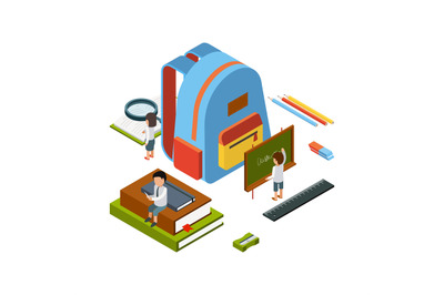 Backpack isometric. School stationary items education happy people col