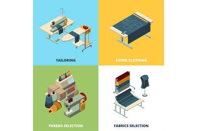 Sewing production. Textile manufacturing concept vector pictures indus