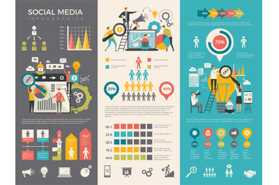 Social media infographic. Work people socializing like rating sharing