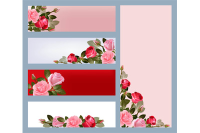 Red rose banners. Print template with illustrations of beautiful flowe