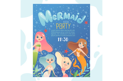 Mermaid party invitation. Design template invite kids birthday cards w