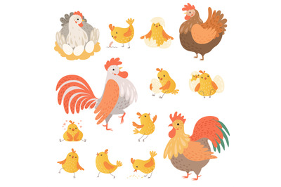 Chicken and rooster. Funny domestic farm animals birds eggs pollo vect