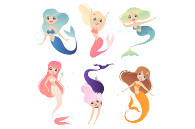 Mermaid cartoon. Underwater life character mermaid princess in action