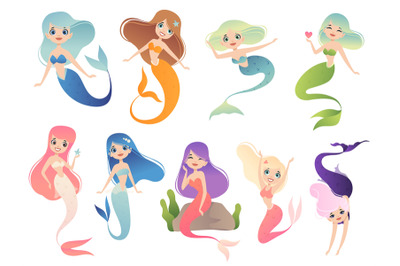 Mermaid characters. Teen swimming mystical phantasy princess underwate