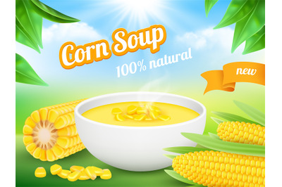 Corn soup. Advertizing poster snack food product sweetcorn vector temp