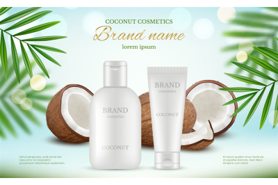 Coconut cosmetic. Advertizing poster with cream tubes and fresh coco a