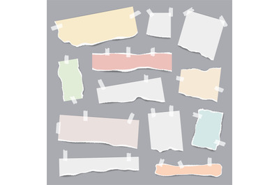 Taped paper. Ripped pieces of white and colored note pages vector real