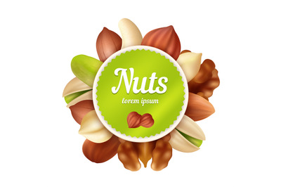 Nuts background. Healthy food snacks and peanuts collection with place