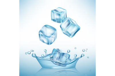 Ice splashes cube. Freeze water puddles and crystal clear ice cube vec