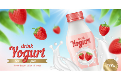 Yogurt advertizing. Placard with package of fruit yogurt milk and crea