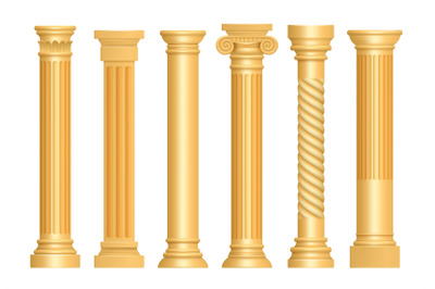 Golden antique column. Classic roman pillars architectural art sculptu