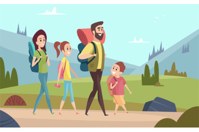 Family hiking background. Walking couples in mountains kids with paren