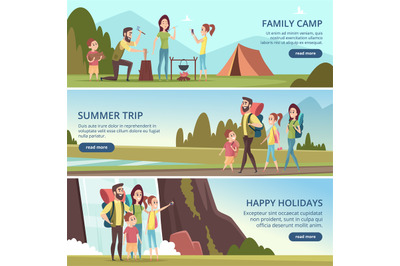 Family hiking banners. Kids with parents camping outdoor explorers mou