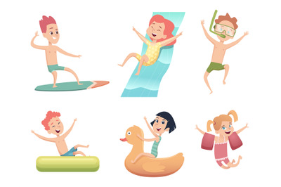 Aquapark characters. Activities in water pool sea jumping and swimming