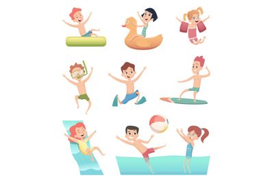 Water park games. Fun of children aqua activities with water swimming