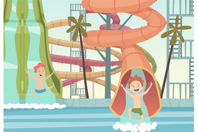 Water park games. Funny attractions for kids swimming jumping and play