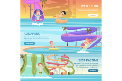 Water park banners. Aqua games funny pleasure for kids at pool playgro