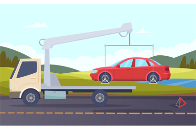 Tow truck. Damaged car evacuation road accident crash broken transport