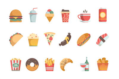 Fast food flat icons. Sandwich burger cold drinks ice cream pizza hamb