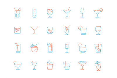 Alcohol drink glass icons. Martini shaking champagne margarita lime al