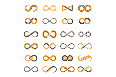 Infinity icons. Contouring shapes of eternity vector two-color symbols