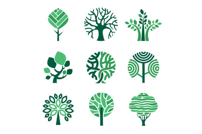 Tree logo. Green eco symbols nature wood tree stylized vector pictures