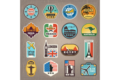 Travel stickers. Vacation badges or logos for travelers vector retro p