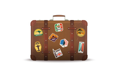 Suitcase stickers. Old retro luggage with travel badges vintage antiqu