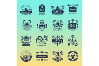 Summer travel logos. Retro tropical vacation badges and symbols palm t