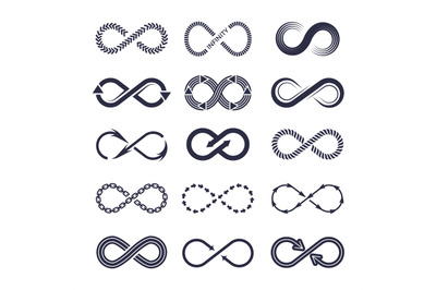 Eternity symbols. Vector monochrome icon collection of infinity logoty