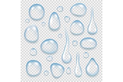 Clean water drops. Reflective liquid fresh splashes of transparent wat