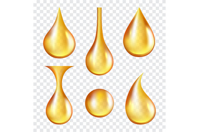 Oil drops. Yellow transparent splashes of machine or cosmetic golden o