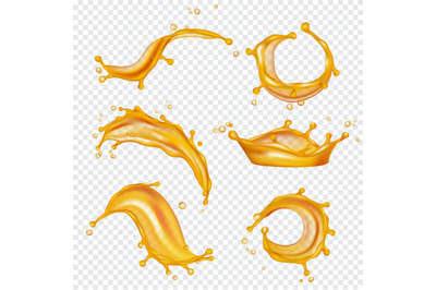 Oil yellow splashes. Golden liquids and drops vector realistic templat