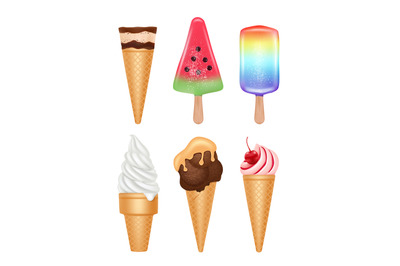 Ice cream dessert. Vanilla fruit chocolate ice cream in cone different