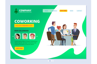 Teamwork landing. Coworking concept web page layout business workspace