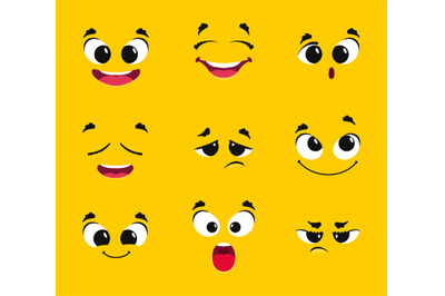 Cartoon faces collection. Different emotions smile joy surprise sadnes