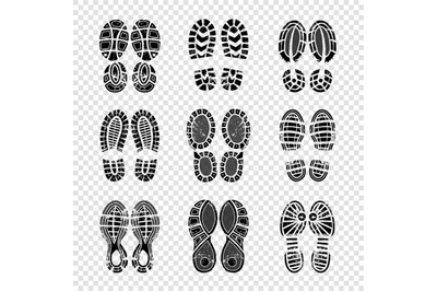 Footprint human. Walking boots soles steps silhouettes vector template