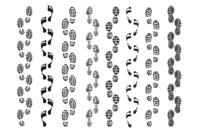 Footprints shapes. Movement direction of human shoes boots walking foo