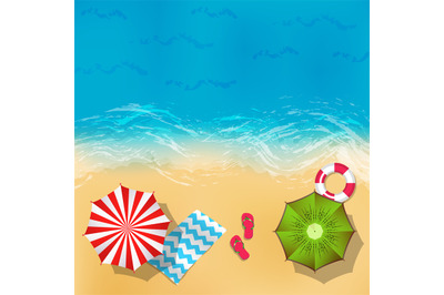 Vector summer beach landscape with sand&2C; water&2C; umbrellas and blankets