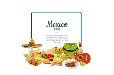 Vector cartoon mexican food below frame with place for text illustrati