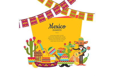 Vector flat Mexico attributes below frame with place for text and garl