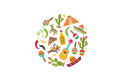 Vector flat Mexico attributes in circle shape illustration