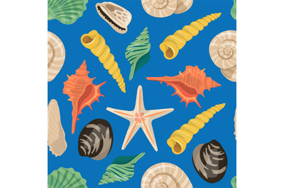 Vector cartoon sea shells pattern or background illustration