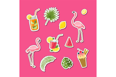 Vector flat cute summer elements&2C; cocktails&2C; flamingo&2C; palm leaves sti