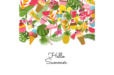 Vector flat cute summer elements&2C; cocktails&2C; flamingo&2C; palm leaves bac