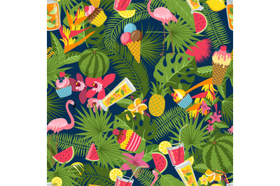 Vector flat cute summer elements&2C; cocktails&2C; flamingo&2C; palm leaves pat