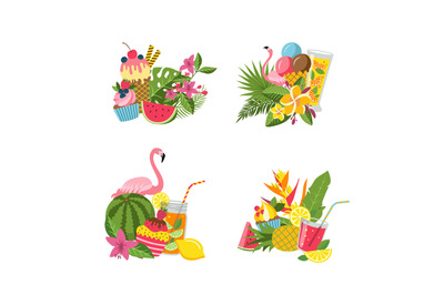 Vector flat cute summer elements&2C; cocktails&2C; flamingo&2C; palm leaves pil