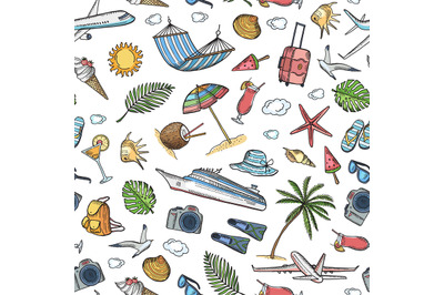 Vector hand drawn summer travel elements background or pattern illustr